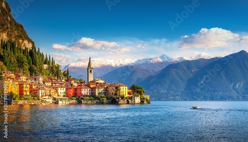 varenna village with mountains on lake como italy