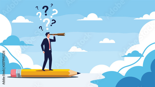 Business vision and market research concept with a professional man using a telescope while standing on a large pencil.