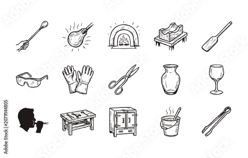 Tablou pe pânză Traditional glass artist studio tools doodle set showcasing blowing man workbenc