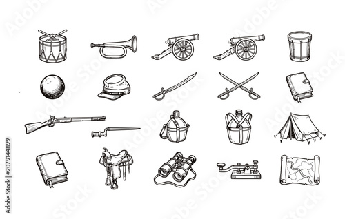 Photography Vintage army icons set including infantry rifle bayonet binoculars telegraph mac