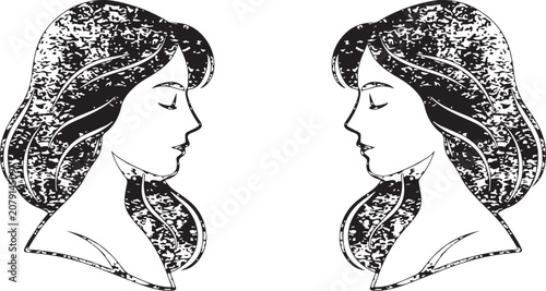 Foto A monochrome vector illustration depicting the Gemini zodiac sign, featuring a symmetrical side profile of two identical women with textured, grunge-styled hair facing each other