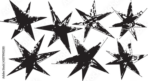 Black Grunge Hand-Drawn Textured Stars Set