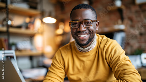 Attractive man in a yellow sweater smiling while working on a laptop in a bright home-style office, candid, warm shelving and exposed brick softly blurred behind, focus