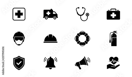 Set of twelve black medical, safety, and emergency icons Vector