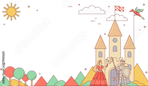 Whimsical castle illustration with colorful flowers and autumn leaves Vector