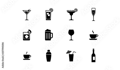 Flat set of twelve black and white drink and beverage icons Vector