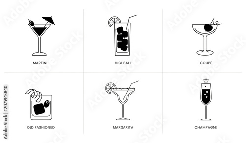 Flat design icons of drinks being poured and served with smoke effects Vector