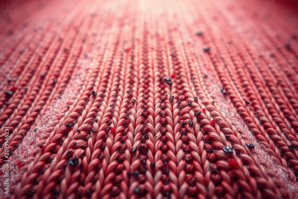 Fototapeta premium Closeup view shows red knit fabric texture. Vertical lines create ribbed pattern, detailed surface visible. Softness implied.
