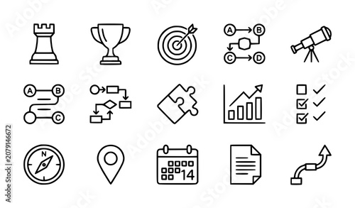 Editable Strategy Tactic and Planning Outline Vector Icons for Corporate Business