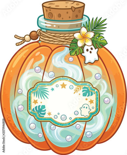 Potion bottle shaped like a pumpkin sits elegantly with tropical flowers.