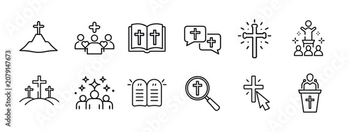 Φωτογραφία Christian religion faith church line icons set cross bible preacher tablets calv