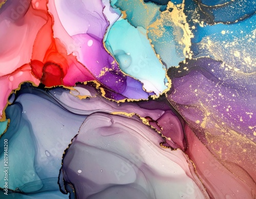 An abstract, fluid art composition featuring vibrant colors and gold accents.