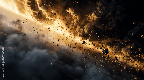 Abstract contrast of light and darkness with divine golden rays and debris