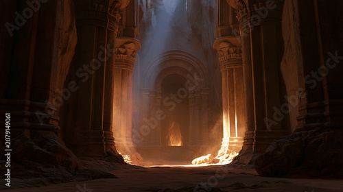 Ancient Underground Temple Hall with Massive Stone Pillars and Dramatic Light Beams