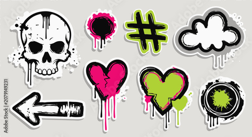 A collection of edgy graffiti-style vector stickers featuring a dripping skull, hearts, a hashtag, an arrow, and splattered paint elements.