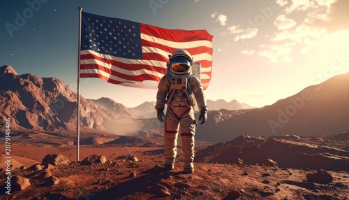 An astronaut stands on a rocky, alien planet with the American flag waving behind them.