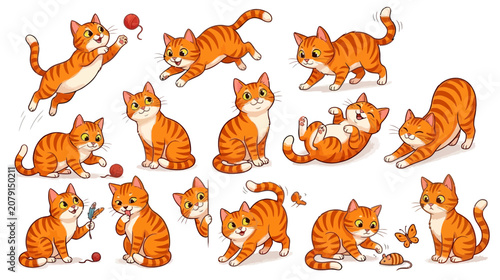 Εκτύπωση καμβά Cartoon orange tabby cat poses and playtime illustrations