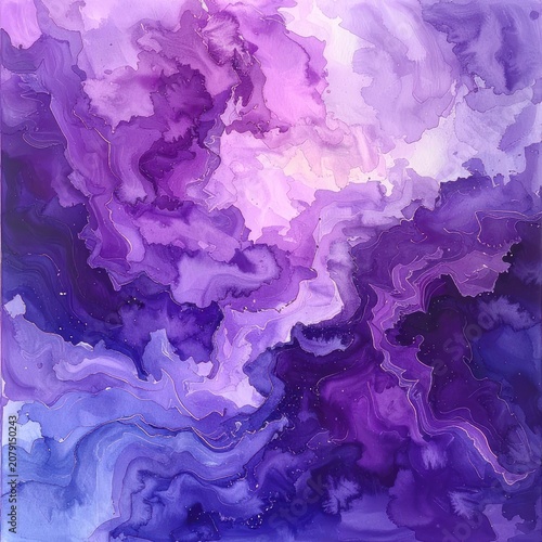 An abstract painting displays a fluid, swirling pattern of various shades of purple, from deep violet to pale lavender, with delicate golden lines interwoven throughout.