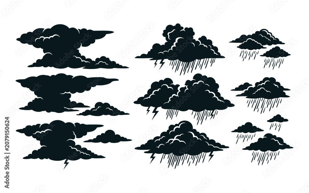Fototapeta premium Collection of dark storm clouds with lightning and rain black silhouette