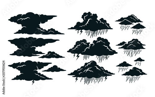 Collection of dark storm clouds with lightning and rain black silhouette