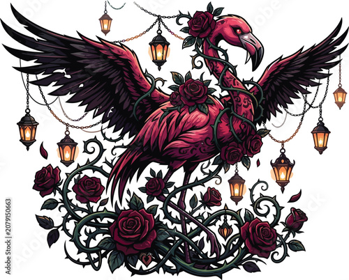 Flamingo vampire stands gracefully amidst dark roses and gothic lanterns.