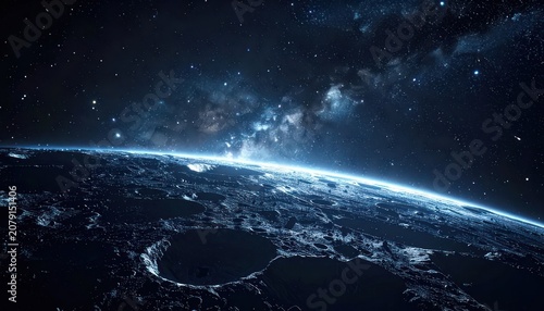 A distant view of a cratered moon with a star-filled galaxy stretching across the horizon.
