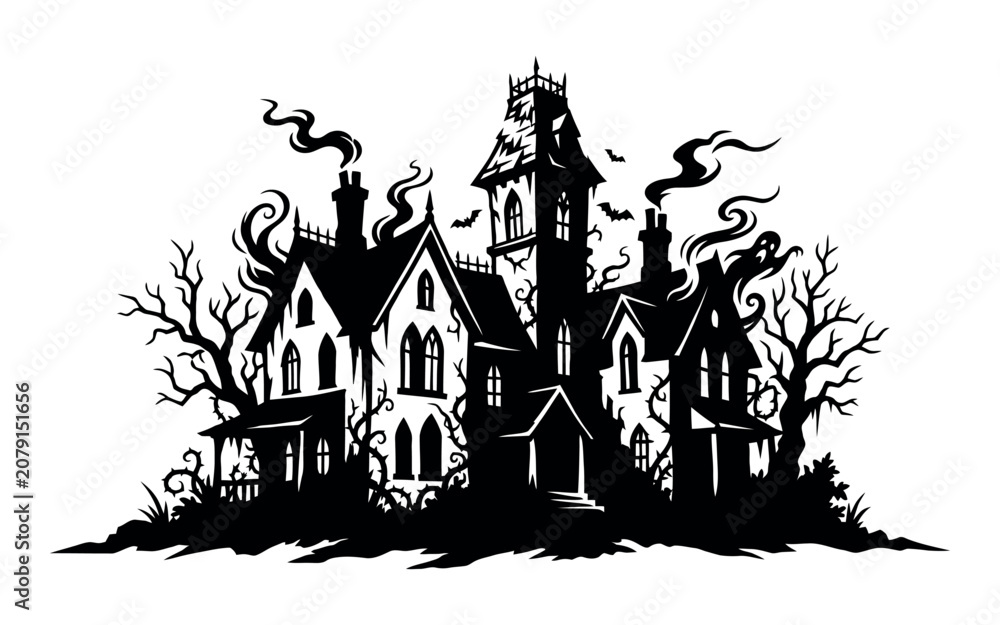Naklejka premium Spooky haunted house with trees and smoke silhouette