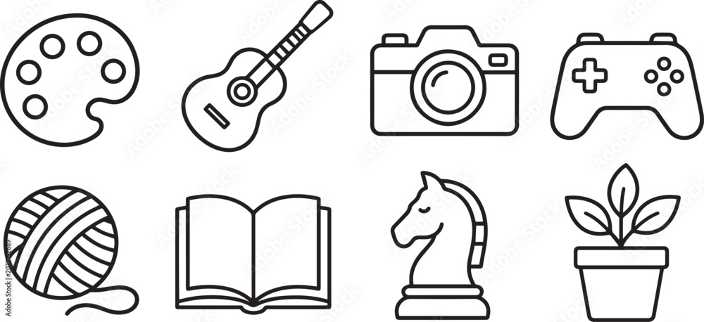 Fototapeta premium Hobby Modern and Premium Icon Set, Featuring palette, guitar, camera, gamepad and More, Editable Stroke, Outline Icon Collection