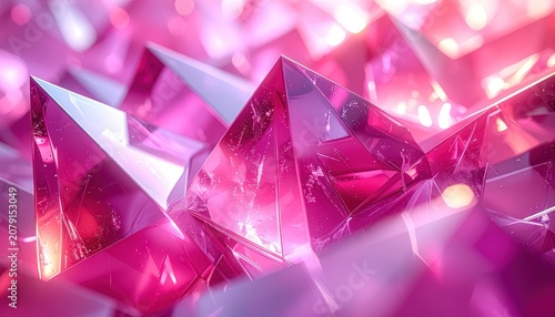 Abstract background featuring sharp, geometric, pink crystals with soft bokeh lights.