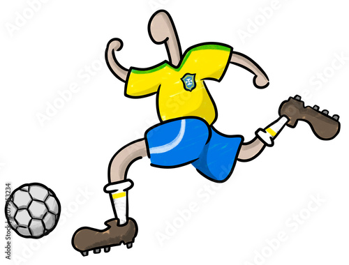 Creative freehand sketch of a Brazilian national soccer player sprinting with the ball, featuring dynamic motion, expressive lines, originality