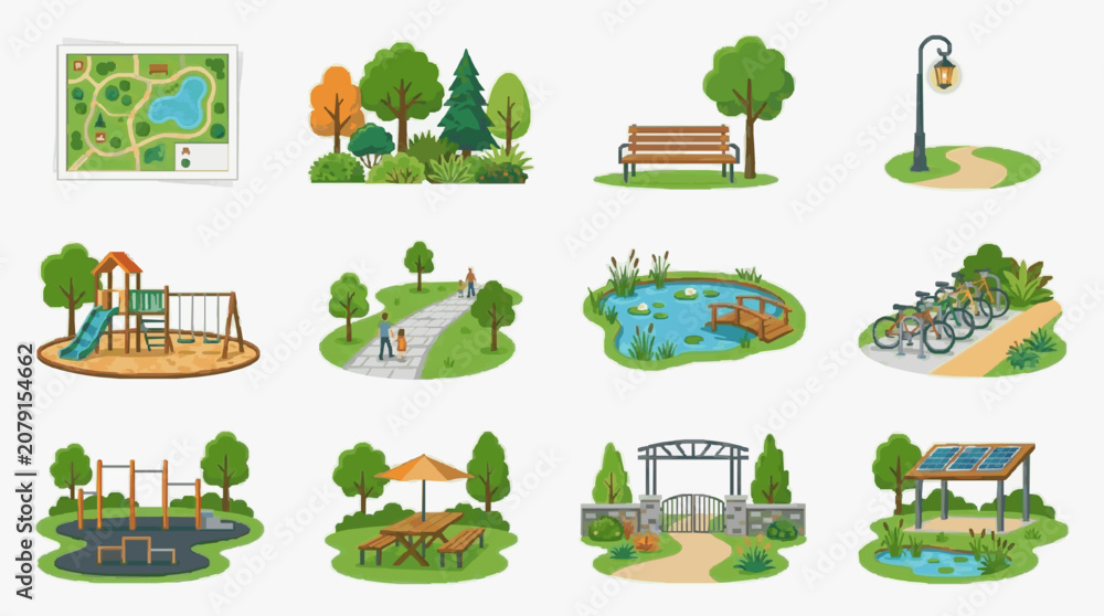 Naklejka premium Childrens Playground Scenes with Nature Elements.