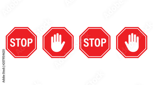 Schilderij op canvas Set of four red octagonal stop signs and stop-hand icons, illustrating safety, w