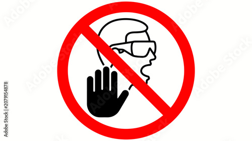 Tableau sur toile Do Not Touch Sign: red prohibition circle with a raised hand and masked worker s
