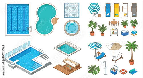Foto Isometric vector illustration of swimming pools lounge chairs and poolside acces