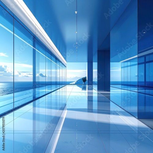 A modern and luxurious interior hallway with floor-to-ceiling windows overlooking the ocean.