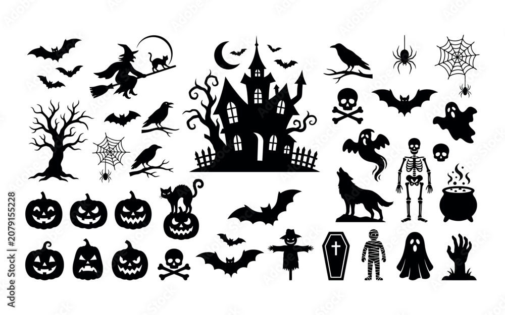 Obraz premium Halloween collection of spooky silhouettes including pumpkins bats and a haunted house silhouette