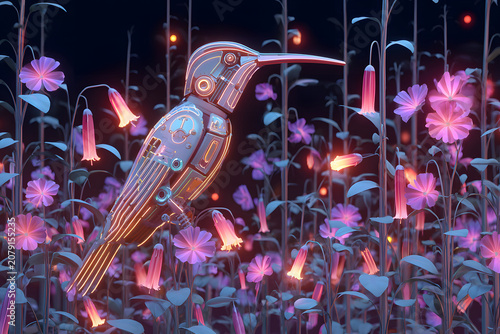Robotic hummingbird in a high-tech garden