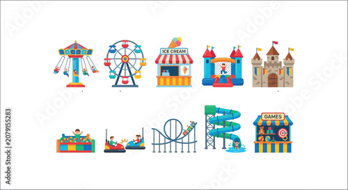 Obraz na plátne Amusement park themed vector illustrations featuring rides games and a colorful
