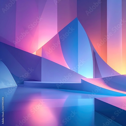 An abstract digital art piece featuring smooth, flowing geometric shapes and vibrant gradients of blue, purple, and pink.