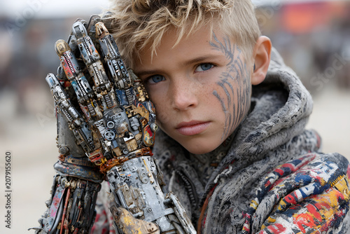 Boy with a mechanical hand and facial tattoo