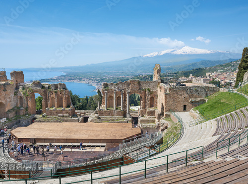 Ancient Greek theater of Taormina with Mount Etna in the background, Sicily, Italy
