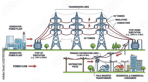 Electricity Power Flow Diagram from Generation to Consumers, Educational Infographic with Transmission and Distribution Lines on Light Background