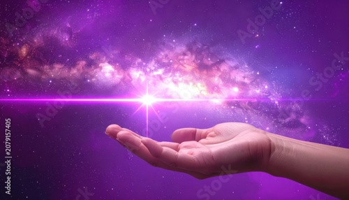 A human hand cupped open beneath a dazzling purple nebula and star.