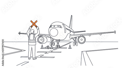 Airport Ground Crew Marshalling Airplane Line Art