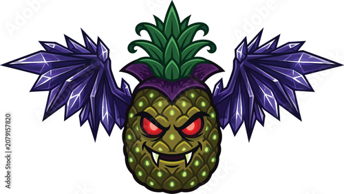 Pineapple monster features demonic wings and sharp fangs in this design.