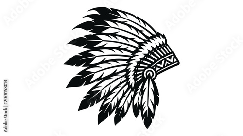 Headdress traditional Native American chief silhouette isolated on solid white background