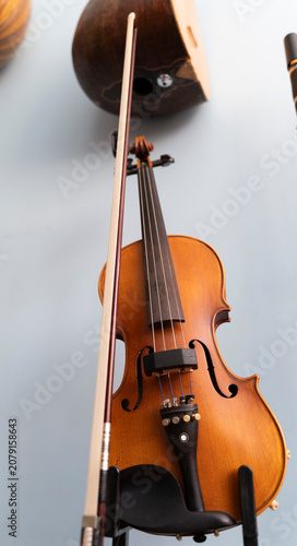 Vertical low angle shot of a classic wooden violin with its bow