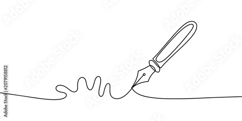 Schilderij op canvas Black fountain pen nib writing on paper with wavy line continuous one line drawi
