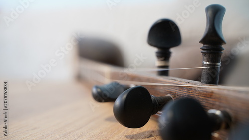 Macro close-up of tuning pegs on a traditional Turkish Baglama Saz instrument