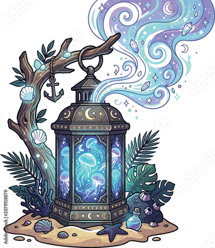 Lantern illuminates glowing jellyfish within a magical coastal setting.